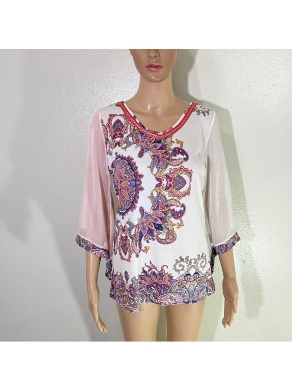 ANAC Art To Wear Multicolor BOHO Sheer Bell Sleeve Blouse Top Size Medium M